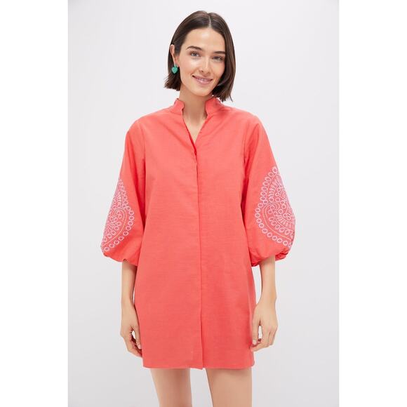 HYACINTH HOUSE Coral with Lavender Embroidery Mini Wisteria Caftan Size XS NWT - Picture 1 of 7